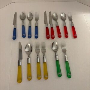 Disney Logo Handle Flatware 15pc Lot Knifes Forks Spoons. Red,Blue,Green, Yellow